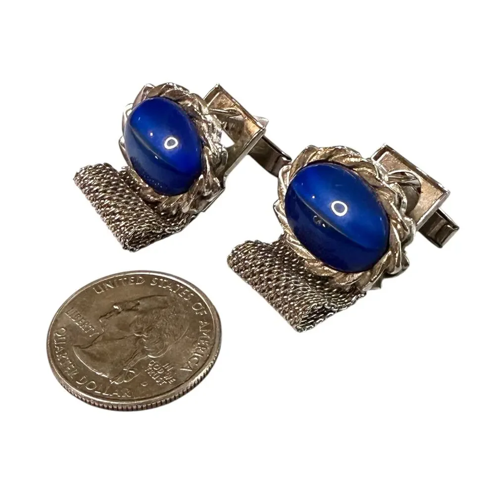 Vintage Cufflinks Mens Silver Tone Blue Cabochons Wraparound Formal Workwear
